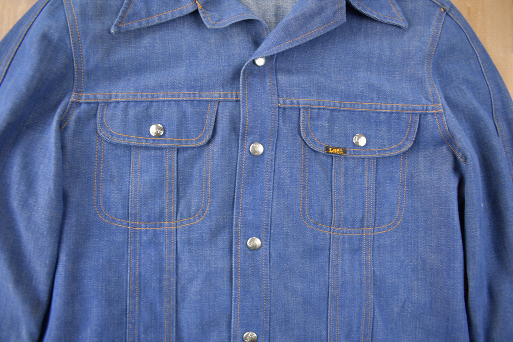 Vintage 1970s Lee Western Style Pearl Snap Button Up Denim Shirt Made in USA Size L