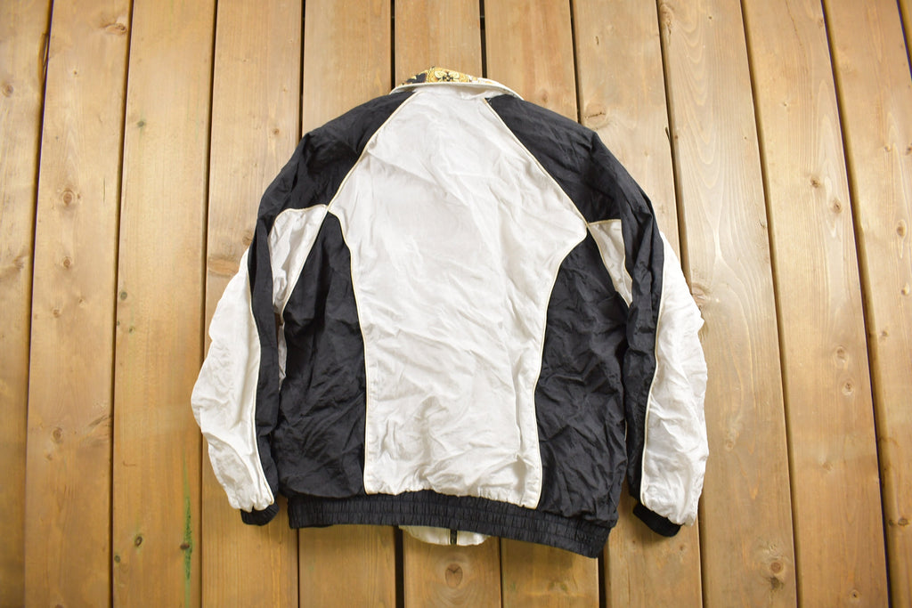 Vintage 1980s Active Frontier Abstract Golden Floral Pattern Windbreaker Jacket All Over Print