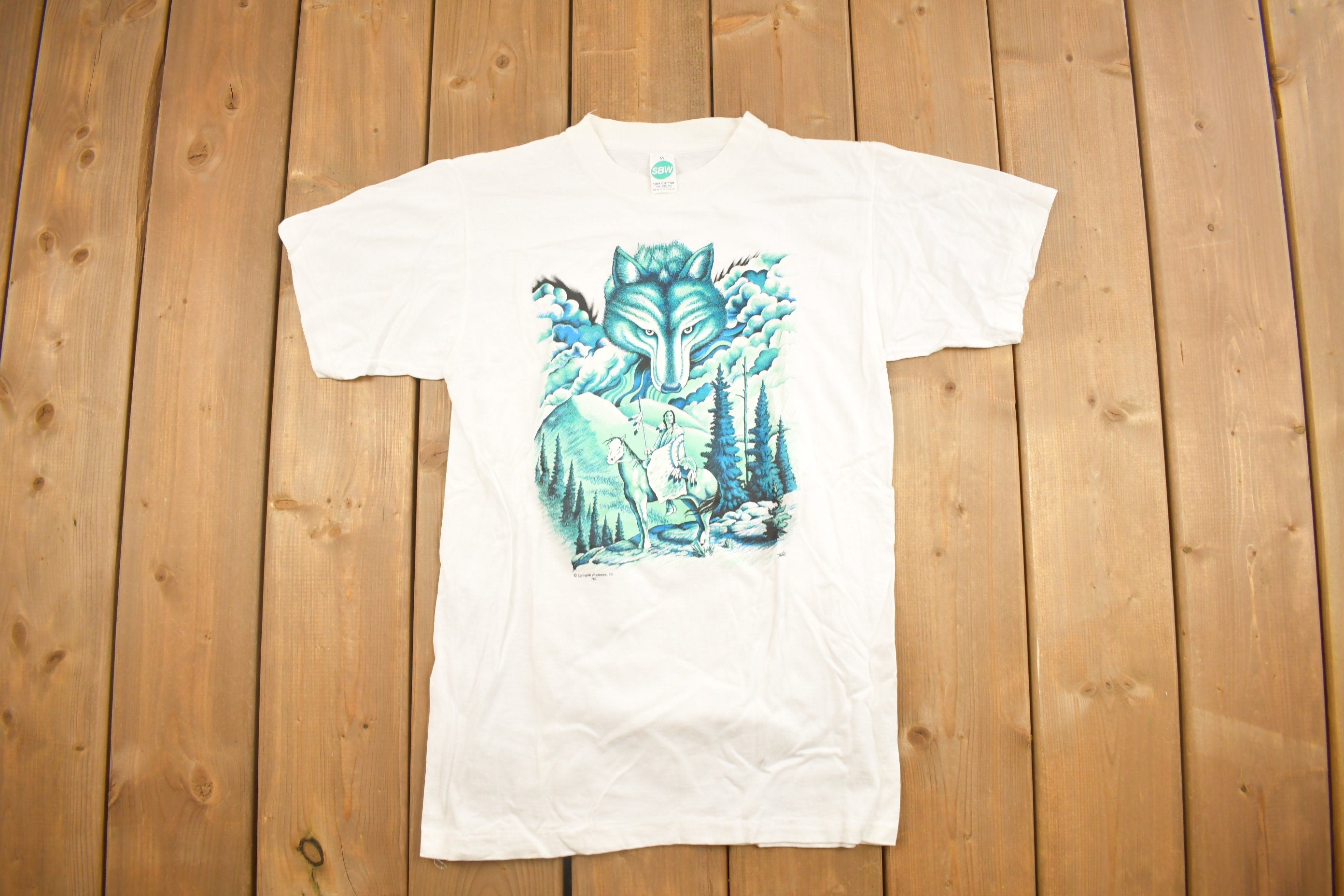 Vintage 1990s Native American Aboriginal Wolf Theme T Shirt