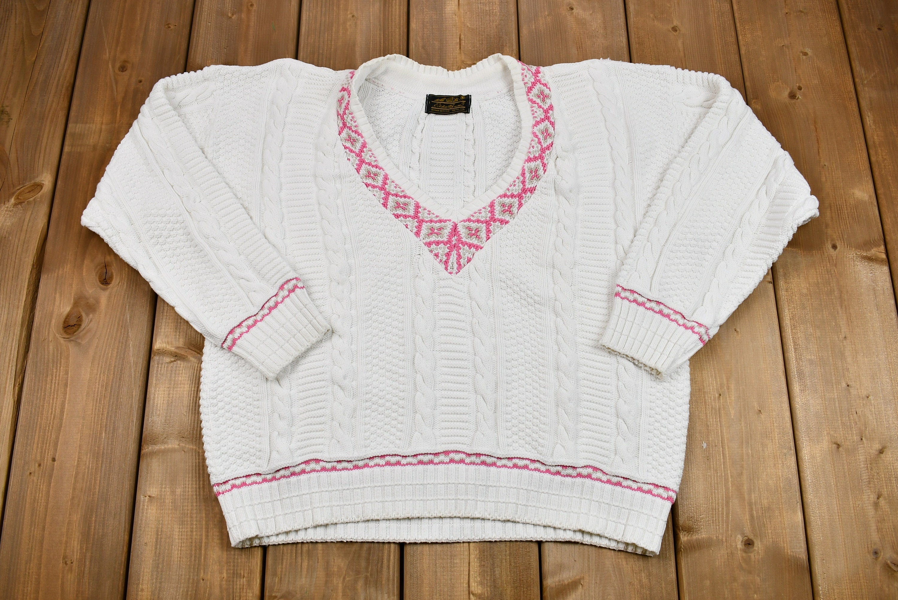 Vintage 1990s Eddie Bauer V-Neck Cable Knit Sweater
