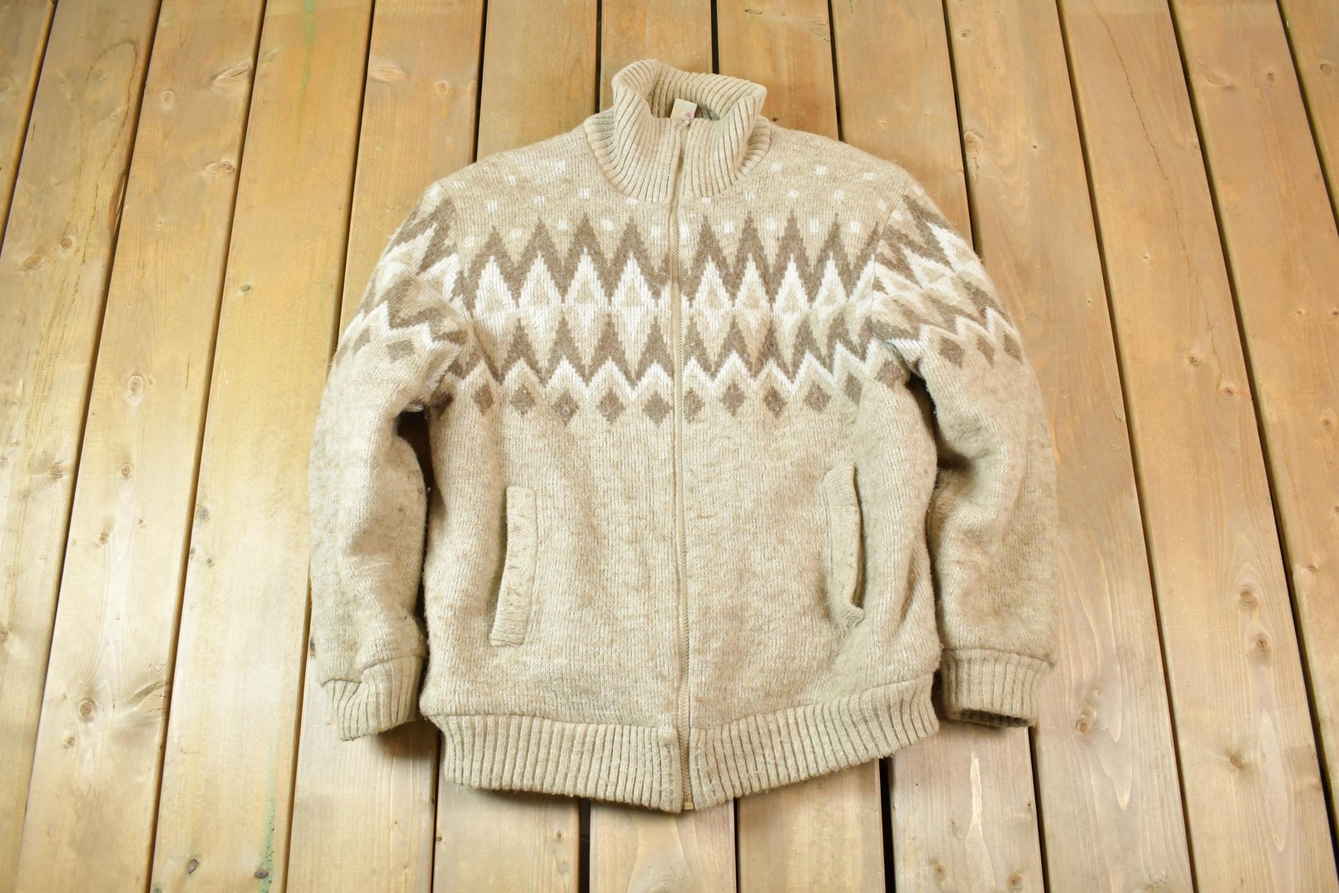 Vintage 1990s Bay Club Wool Full Zip Knit Pattern Lined Jacket