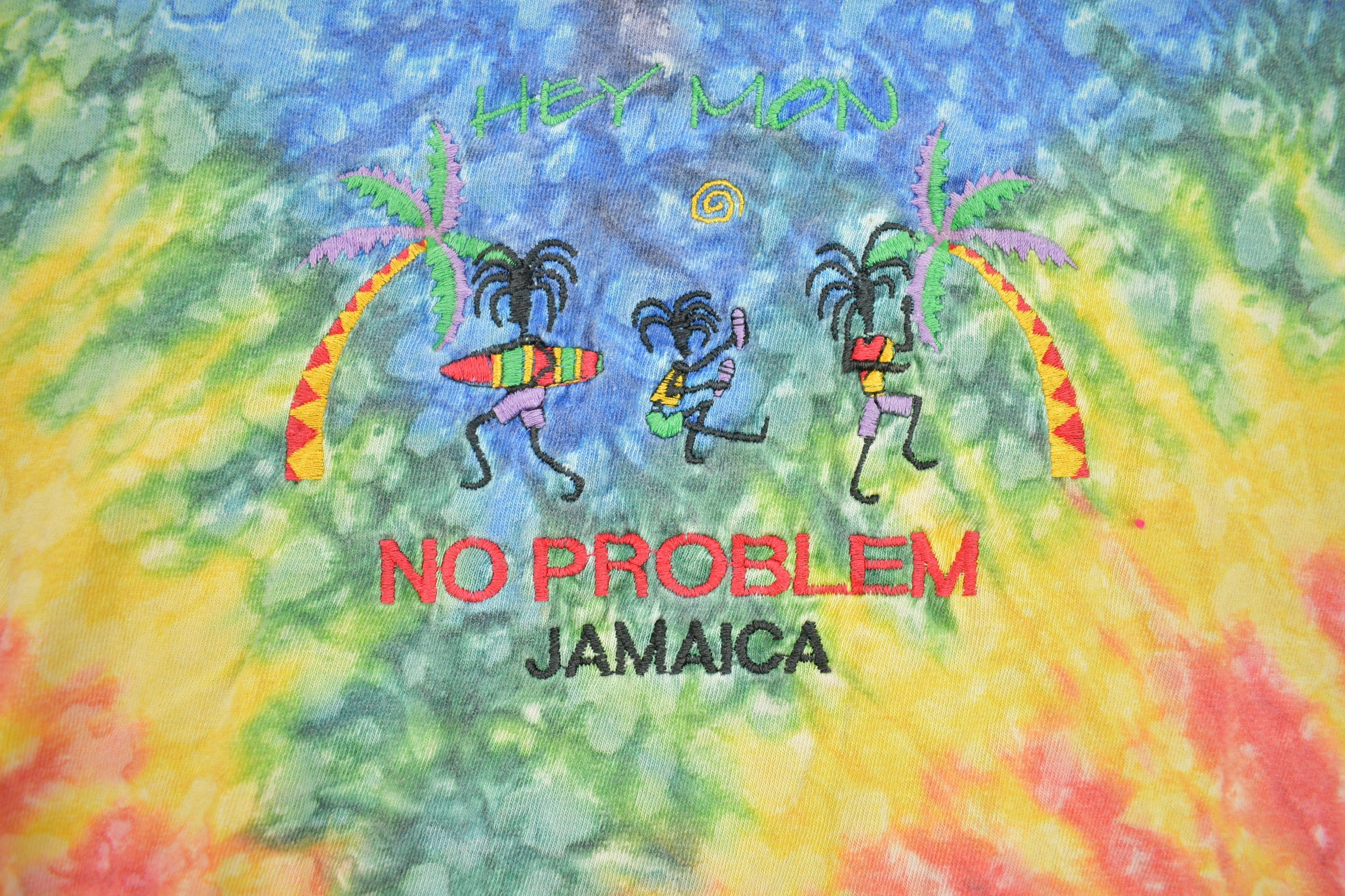 Vintage 1990s No Problem Jamaica Embroidered Tie Dye Souvenir T Shirt