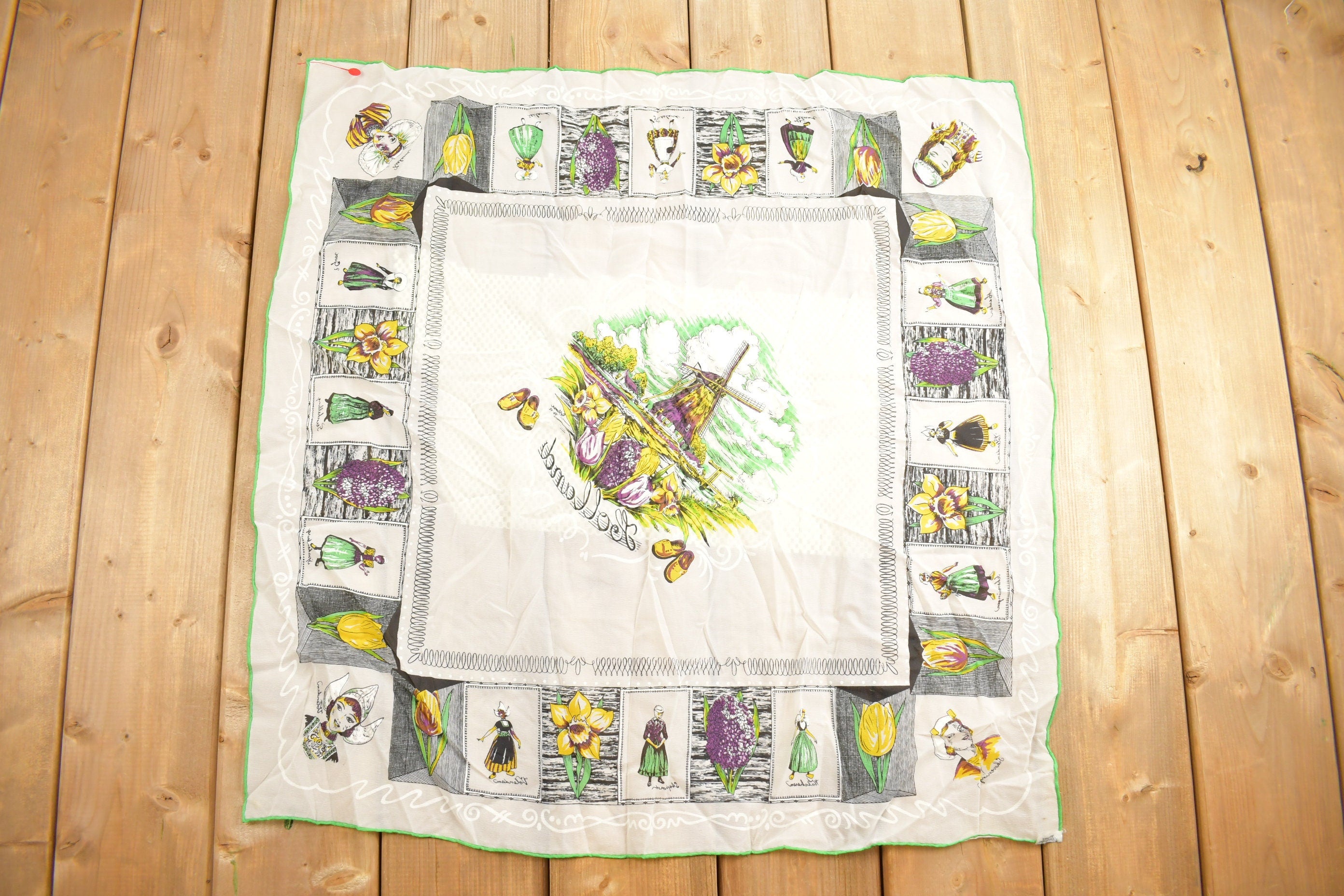 Vintage 1980s Holland Windmill Clogs Flower Print Scarf