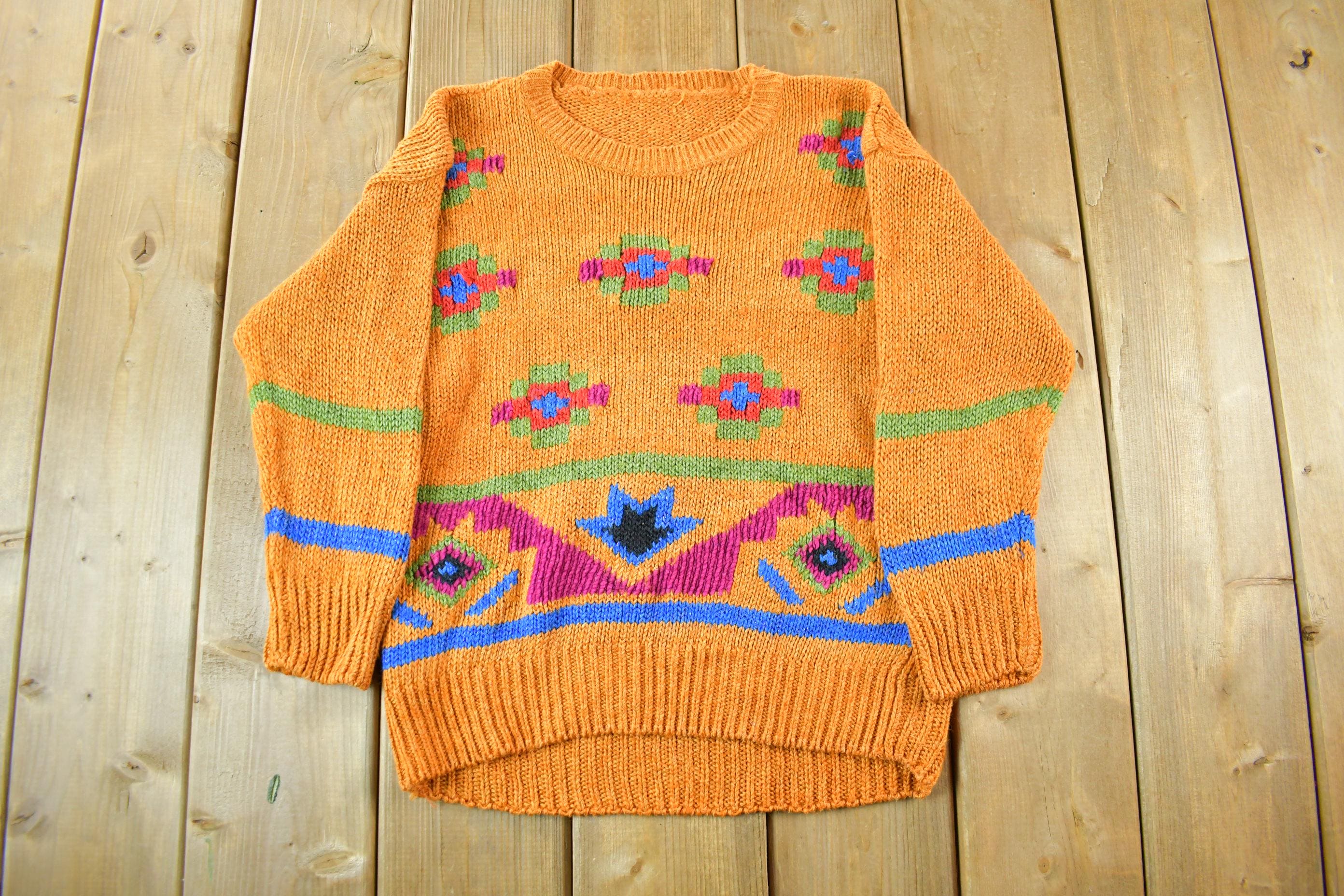 Vintage 1970s 1980s Abstract Floral Knit Sweater Women's S-M  Boho Hippie  Vintage 90s Crewneck  All Over Print  Colorful Sweatshirt