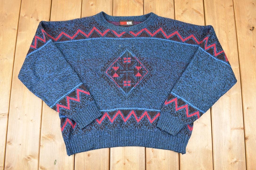 Vintage 1990s Todays News Abstract Knit Crewneck Sweater Men's L