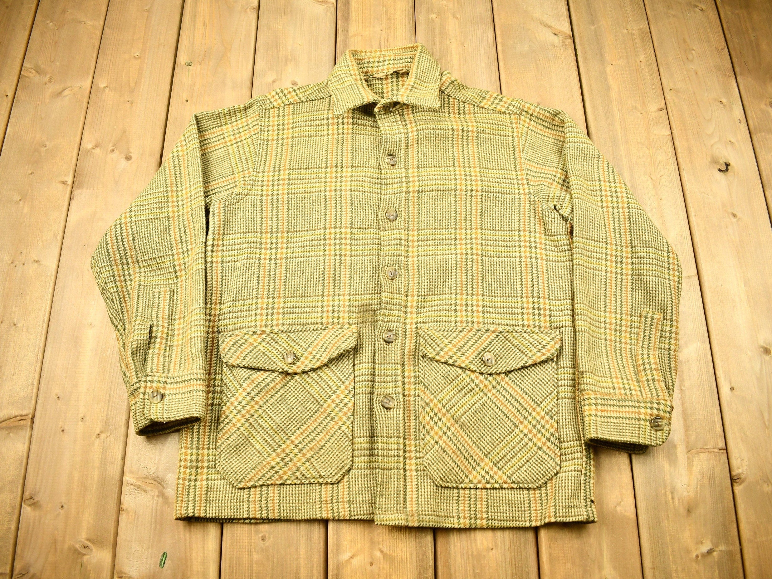 Vintage 1950s Woolrich Hounds Tooth Button Up Wool Hunting Jacket