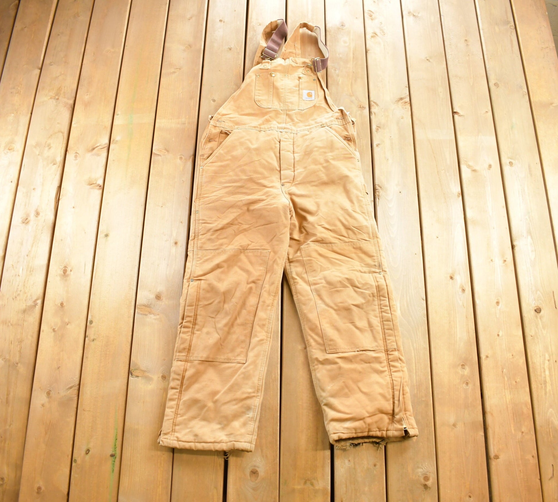 Vintage 1990s Beige Carhartt Double Knee Canvas Overalls Size 34x30 / Made in USA / Utility Overalls / Streetwear / Vintage Workwear