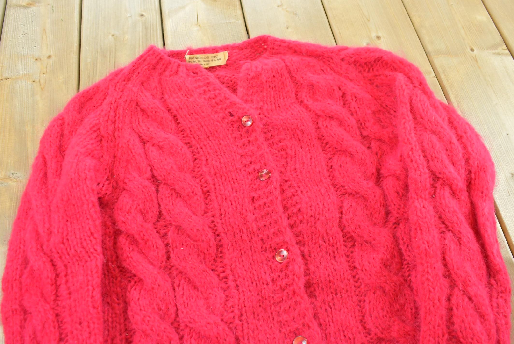Vintage 1960s Mohair Wool Blend Cable Knit Cardigan Sweater Women's M