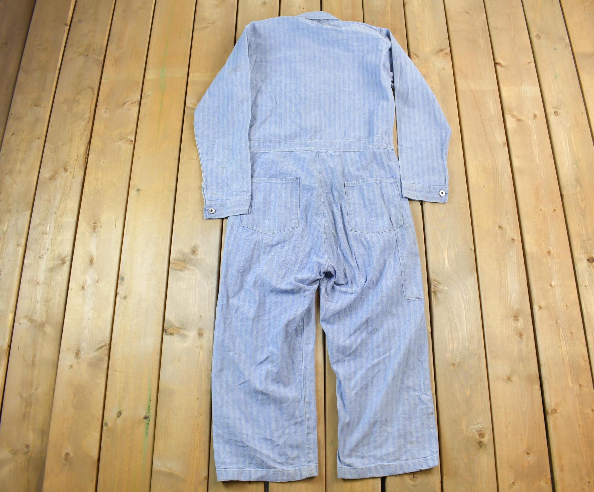 Vintage 1980s Distressed Hickory Striped Denim Coveralls Size 40
