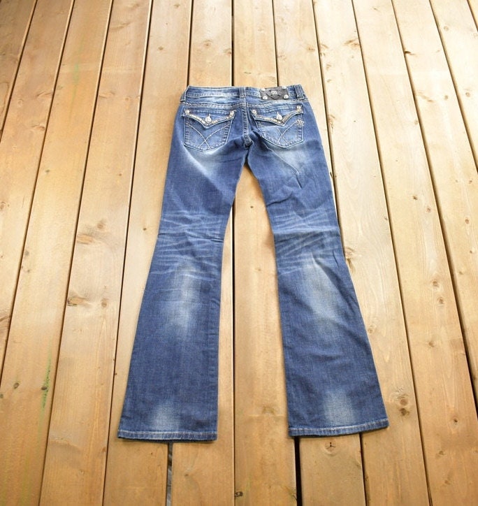 Vintage Y2K Miss Me Thrashed Bedazzled Cowgirl Western Boot Cut Low Rise Jeans Size 26x33