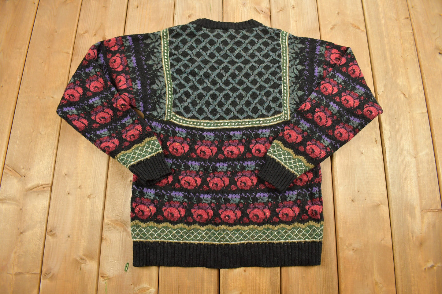 Vintage 1980s Knitted Floral Mi Ki Knit Sweater / True Vintage / Acrylic Sweater / Outdoorsman / Hand Knit / Pullover Sweatshirt