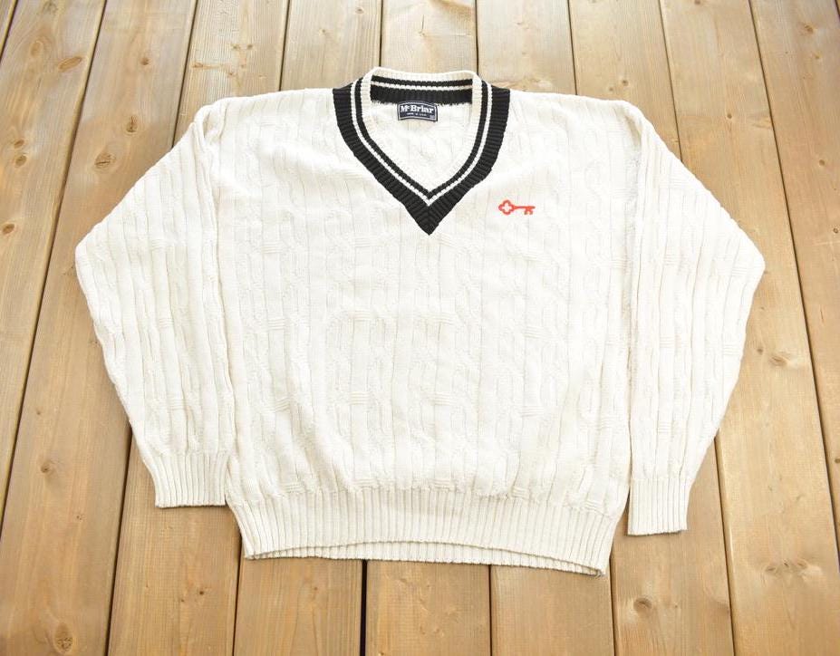 Vintage 1990s McBriar Knit Crewneck Embroidered V-Neck Sweater Made In USA