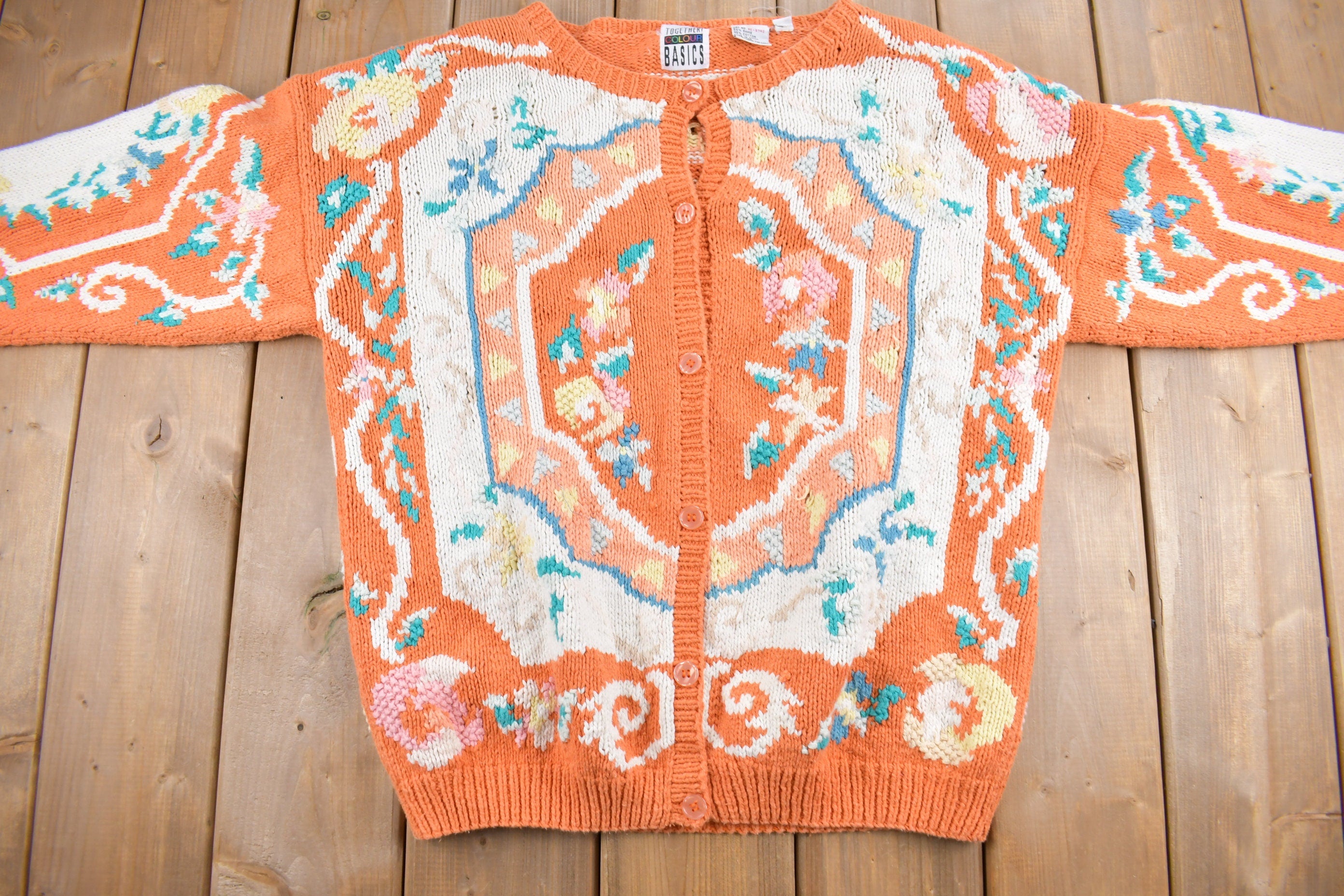 Vintage 1990s Orange Abstract Pattern Cardigan Sweater