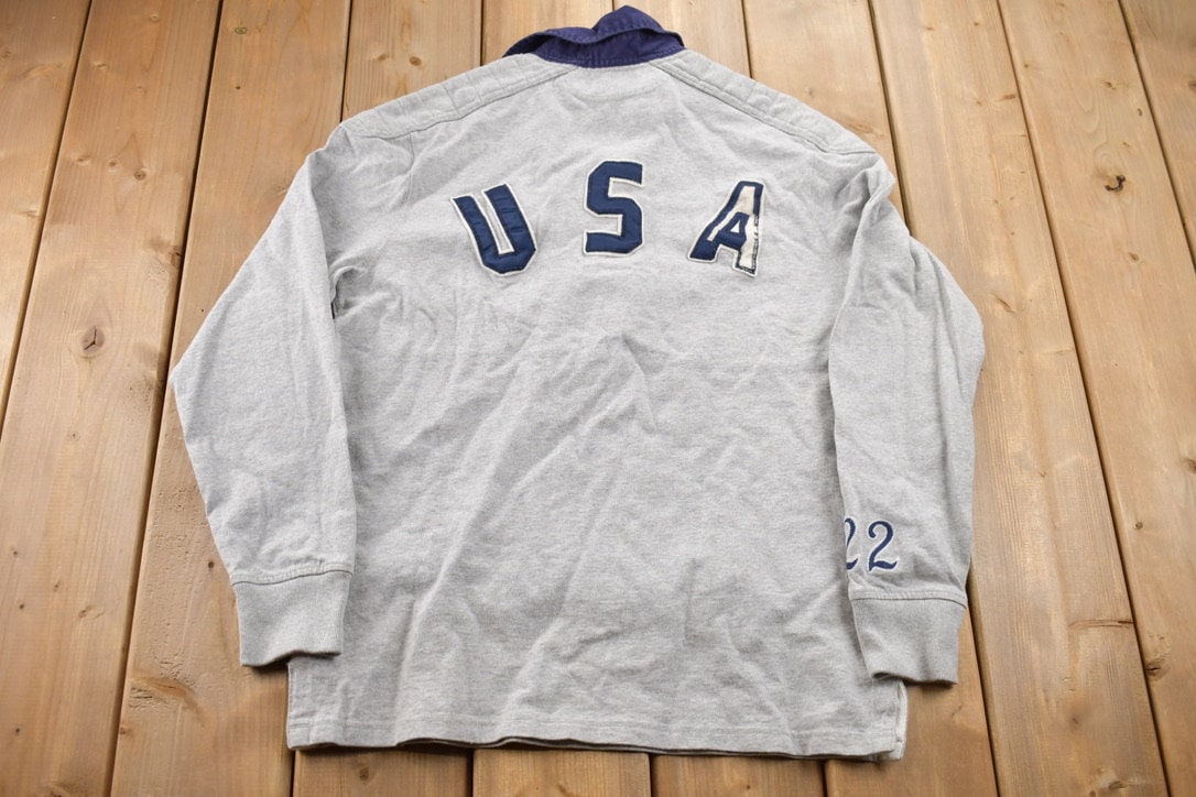 Vintage 1990s Polo Ralph Lauren USA Flag Embroidered Rugby Sweatshirt