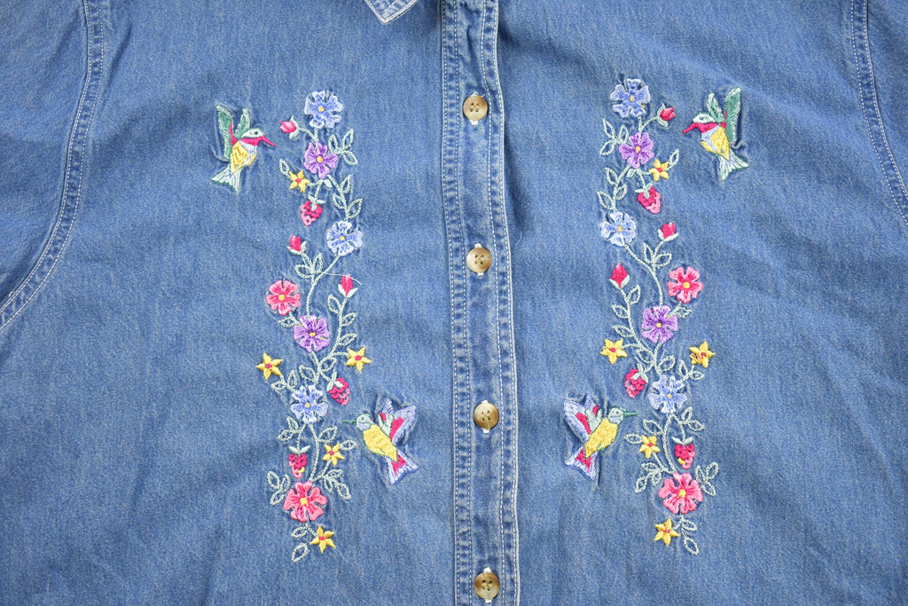 Vintage 1990s Cool Blue Button Up Embroidered Denim Shirt