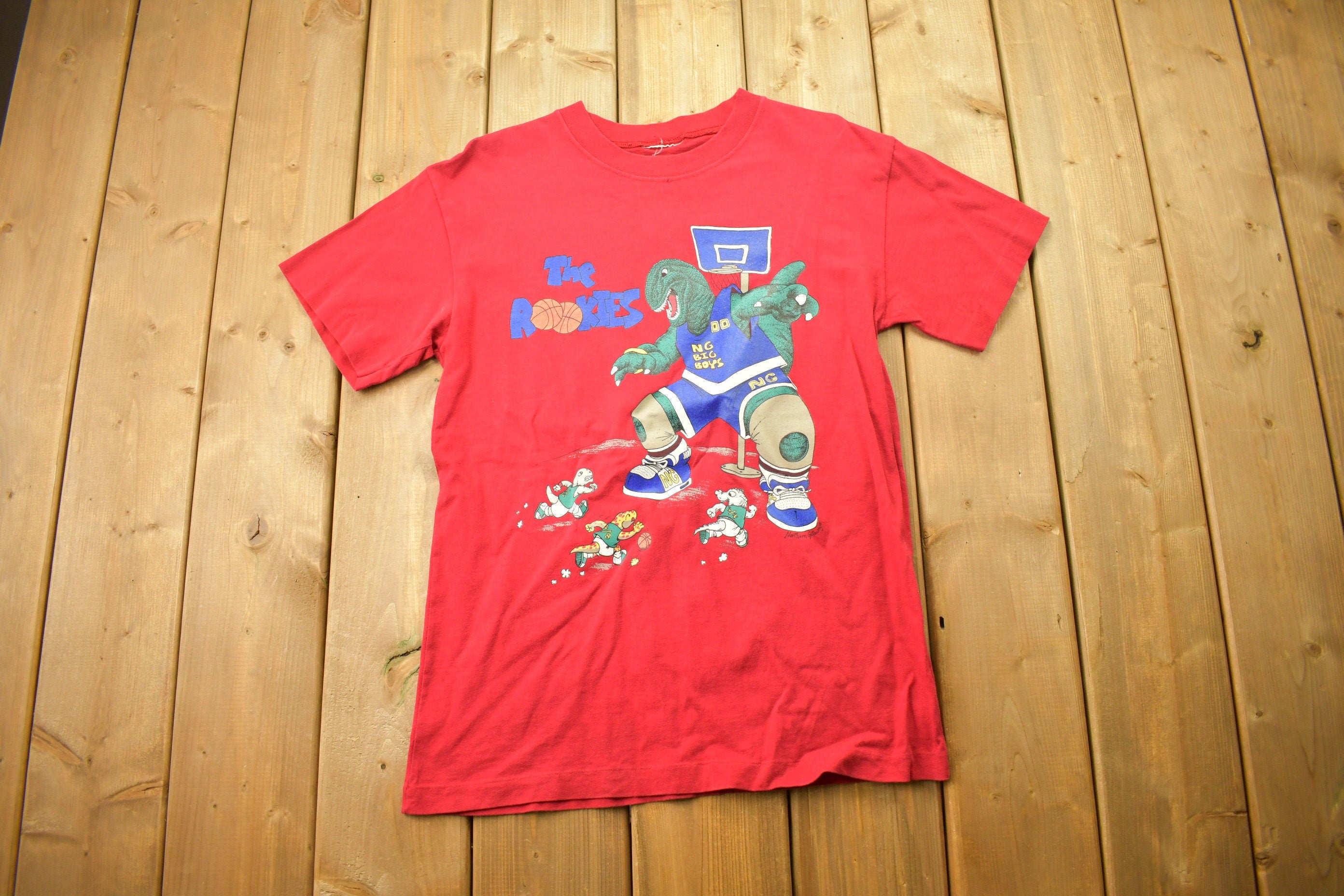 Vintage 1990s The Rookies Cartoon Dinosaur Basketball T Shirt  Double Sided  80s  90s  Streetwear Fashion