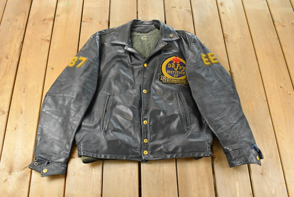 Vintage 1970s DeVry Institute of Technology Collegiate Lined Leather Jacket Men's Large
