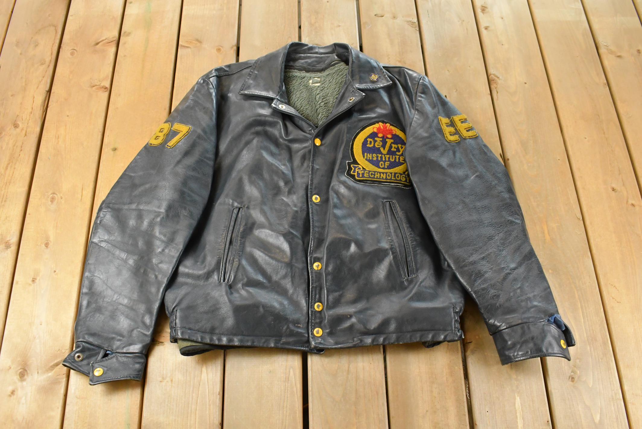 Vintage 1970s DeVry Institute of Technology Collegiate Lined Leather Jacket Men's Large