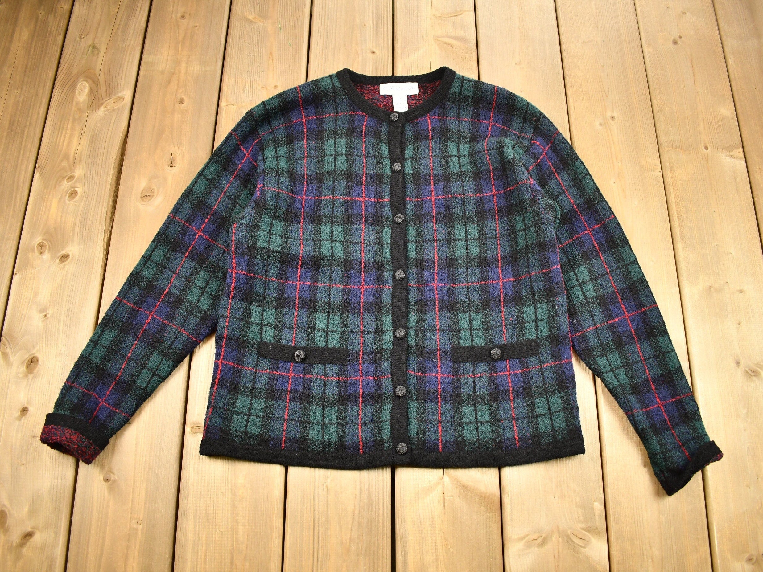 Vintage 1990s Robert Scott Plaid Knitted Cardigan Sweater