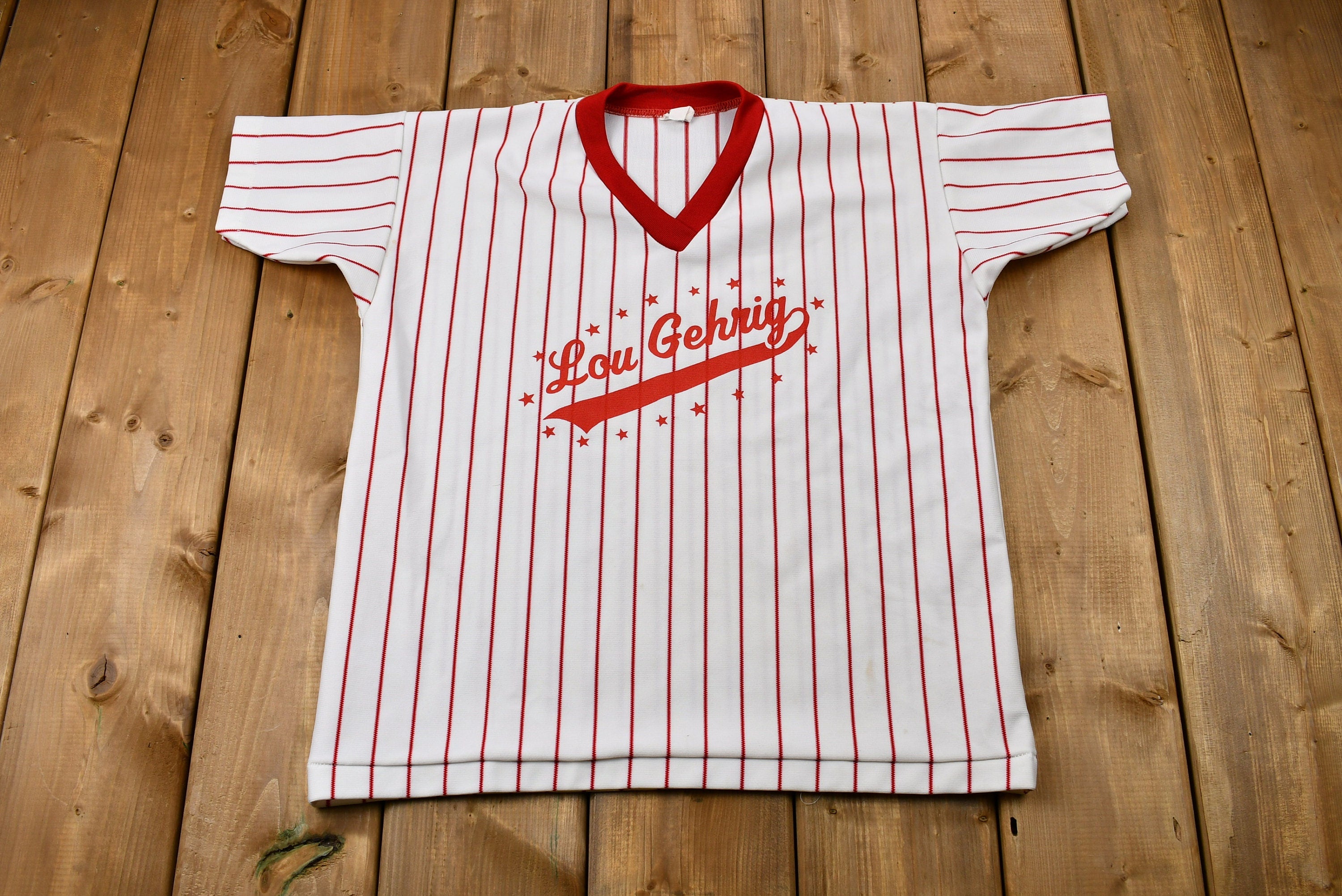 Vintage 1970s Lou Gehrig 11 Striped Jersey Style T-Shirt