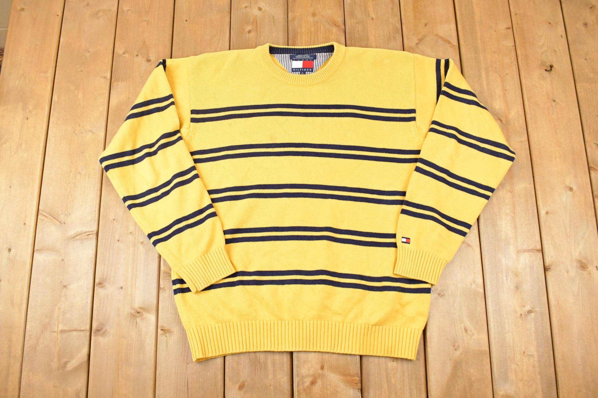 Vintage 1990s Tommy Hilfiger Striped Knit Crewneck Sweater Mens L  90s Knitted Sweatshirt  Vintage Preppy Knits