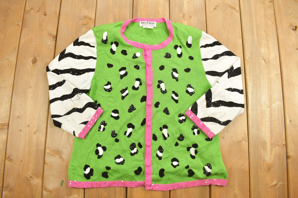 Vintage 1990s Striped Animal Graphic Knit Cardigan Sweater