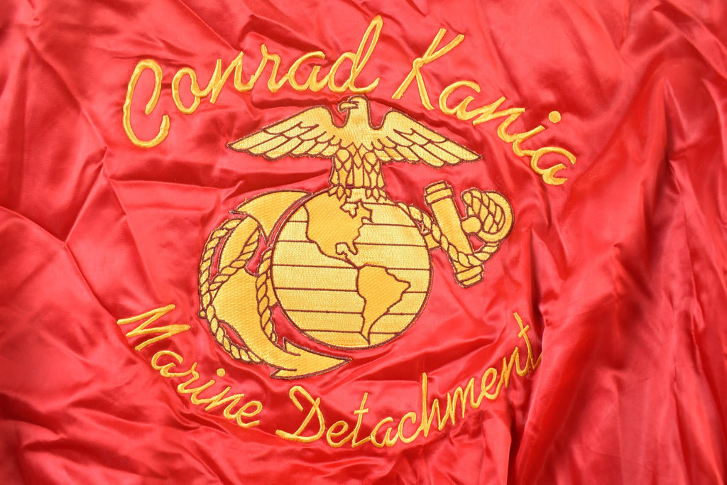 Vintage Marines Conrad Kania Marine Detachment Satin Military Button Up Bomber Army Jacket