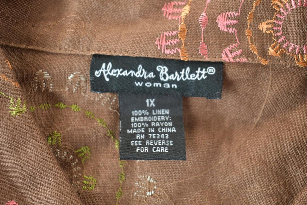 Vintage 1990s Alexandra Bartlett Embroidered Pattern Women's Linen Button Up Shirt