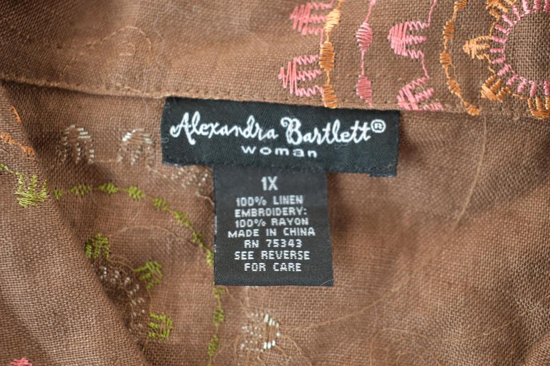 Vintage 1990s Alexandra Bartlett Embroidered Pattern Women's Linen Button Up Shirt