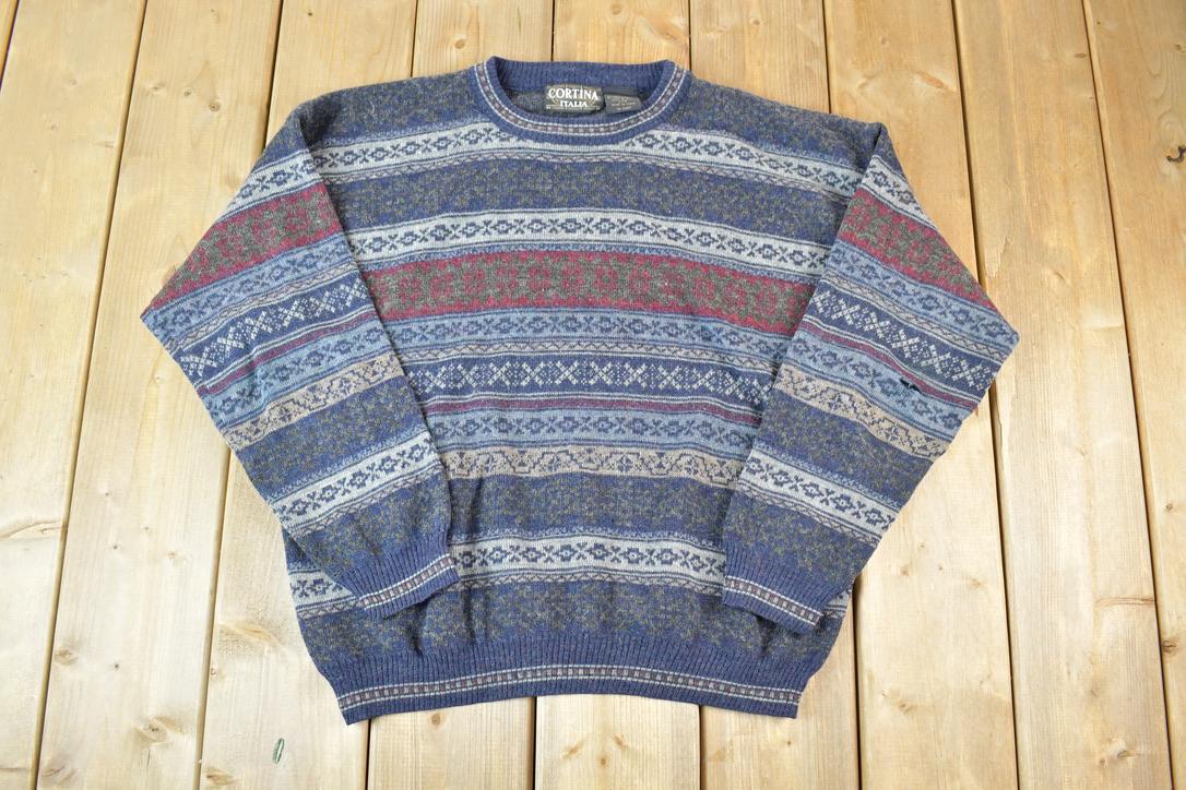 Vintage 1990s Cortina Italia Wool Blend Knit Abstract Pattern Crewneck Sweater Made In Italy