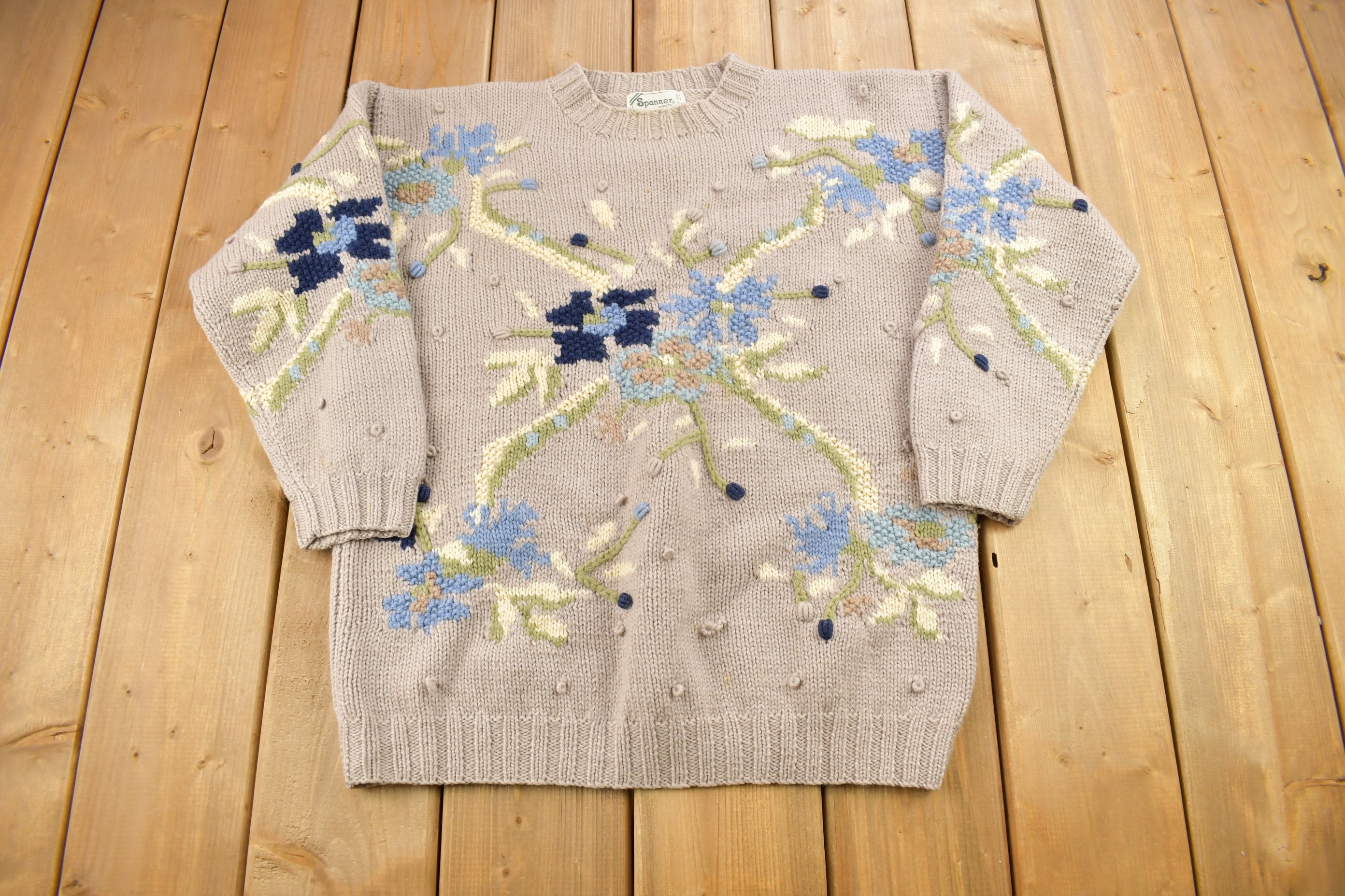 Vintage 1990s Spanner Imports 100% Wool Floral Knit Sweater