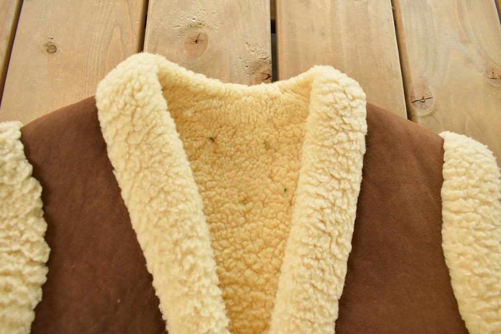 Vintage 1970s Shearling Floral Boho Vest Jacket Sherpa Lined Adult Large