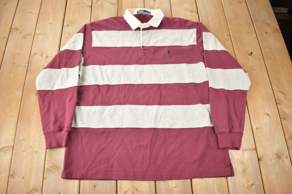 Vintage 1990s Polo By Ralph Lauren Embroidered Small Pony Striped Rugby Sweater Size XLarge
