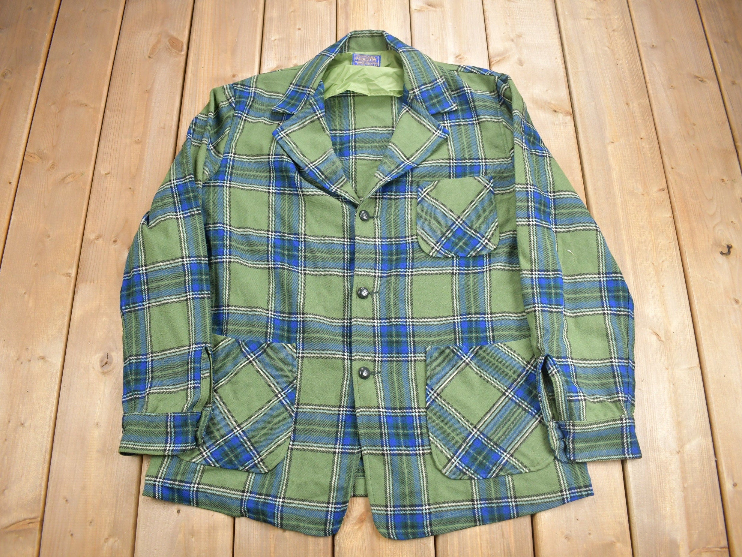 Vintage 1970s Pendleton Plaid Button Up Blazer Jacket Size L
