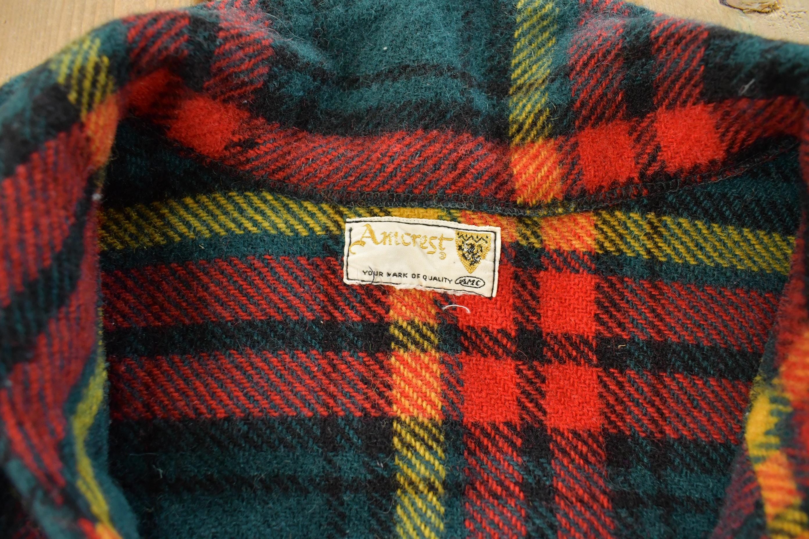 Vintage 1950s Amcrest Tartan Plaid Rangers Pullover Button Up Wool Shirt Men's Medium