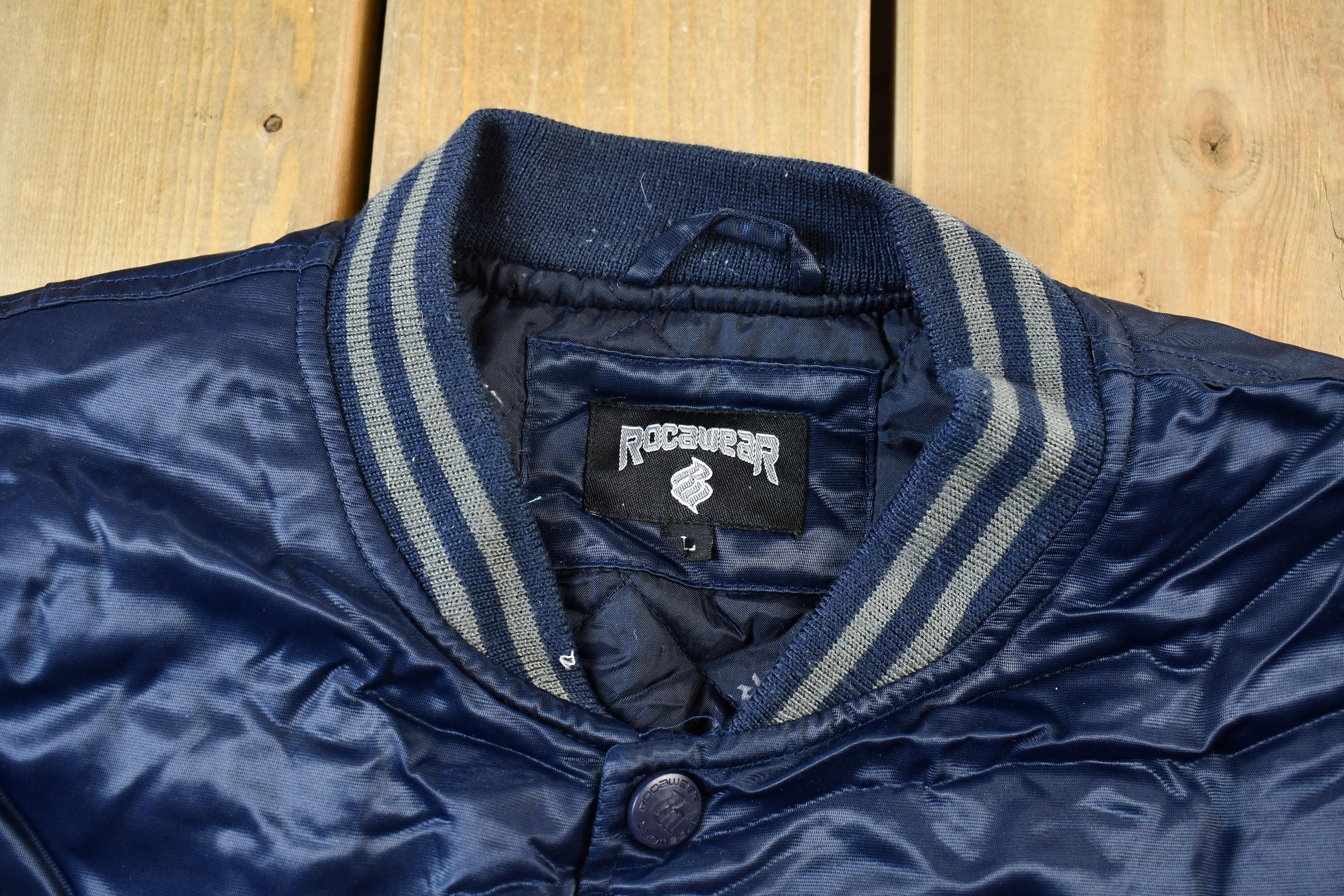 Vintage 1990s Rocawear Embroidered Snap Button Satin Bomber Jacket