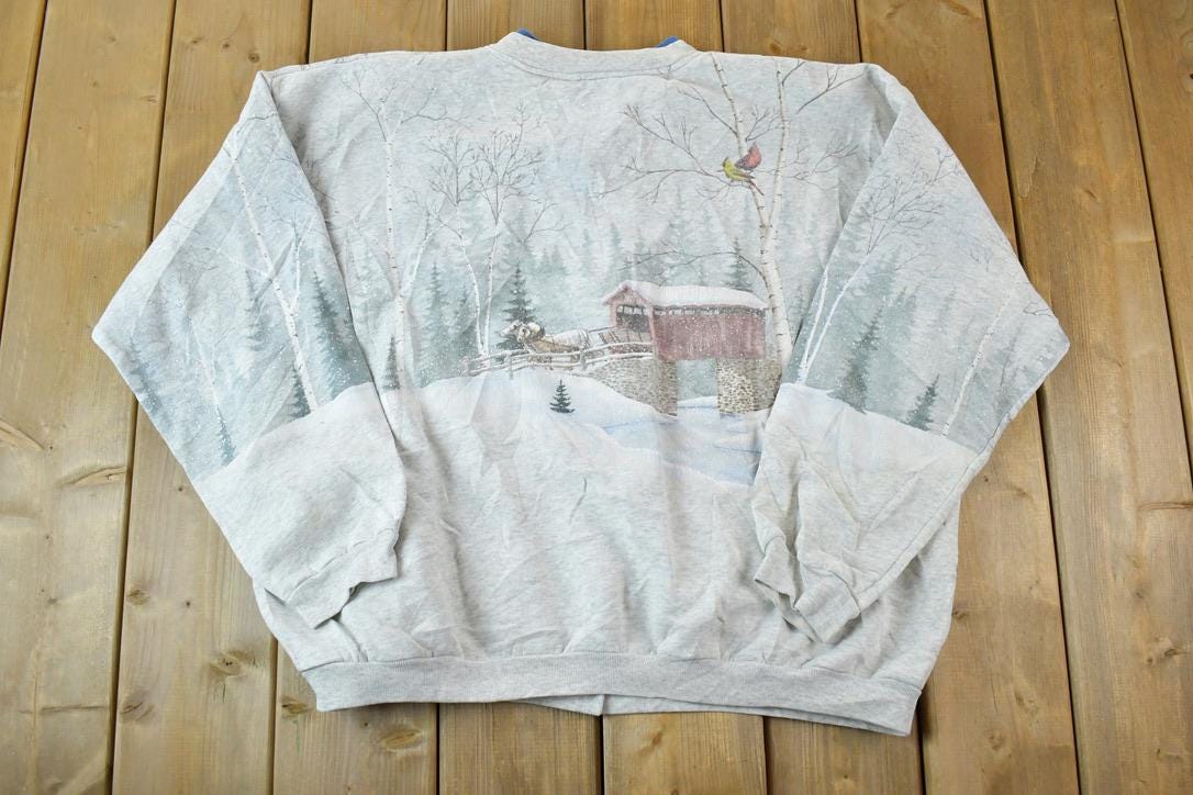 Vintage 1990s Artisans AOP Winter Theme Button Up Double Collar Souvenir Crewneck Sweatshirt