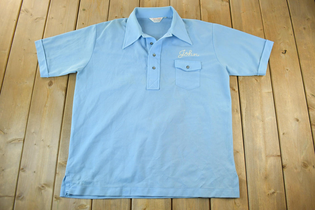 Vintage 1960s 1970s Poly Knit Chain Stitched Polo Button Up Bowler Shirt Men's XL