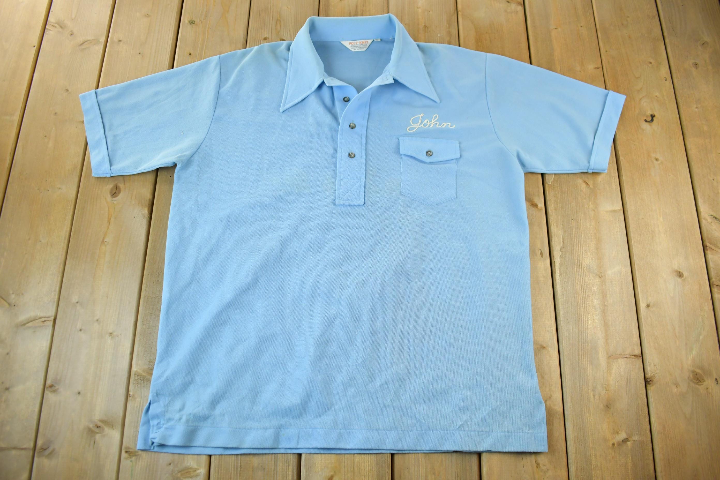 Vintage 1960s 1970s Poly Knit Chain Stitched Polo Button Up Bowler Shirt Men's XL