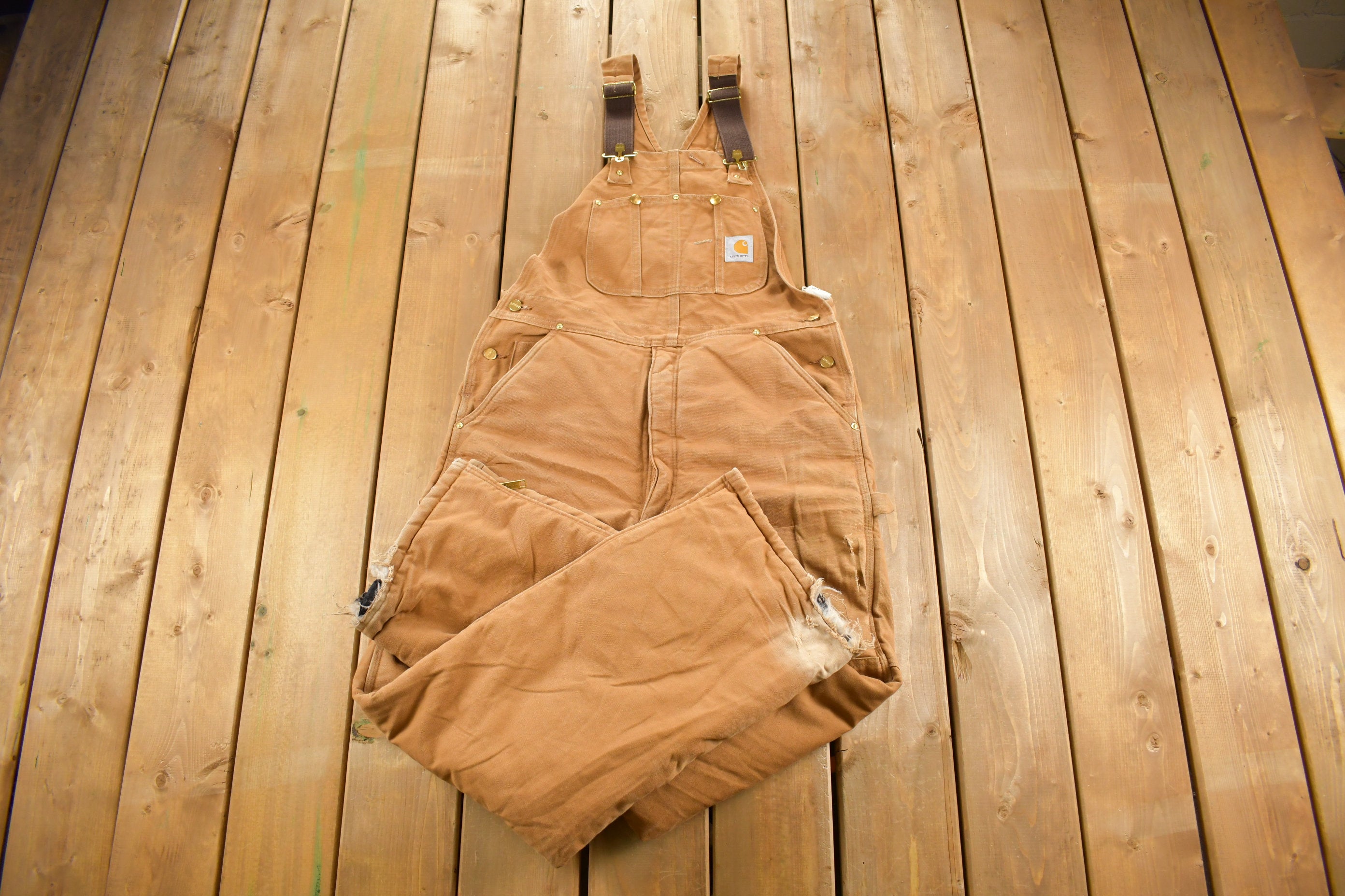 Vintage 1990s Carhartt Double Knee Quilted Canvas Overalls Size 38 x 30