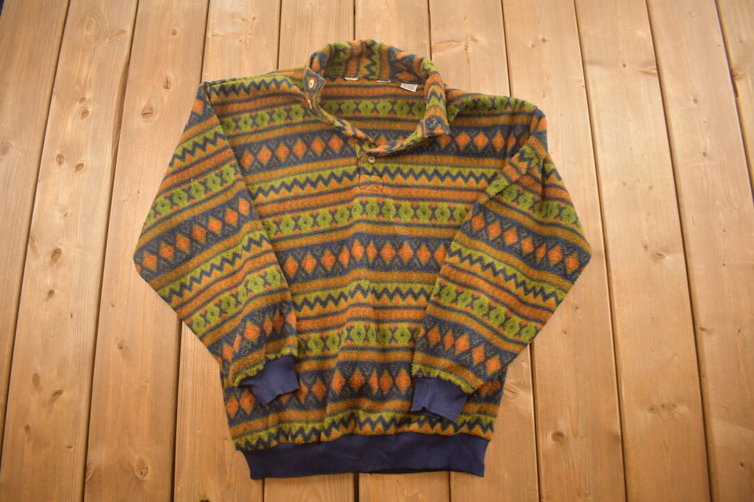 Vintage 1990s Aztec Pattern Fleece Sweater / Outdoorsman / 90s Sweater / Streetwear / Hiking / Quarter Button