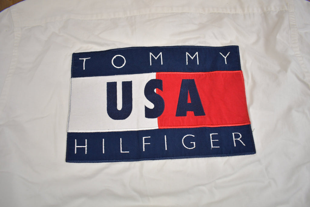 Vintage 1990s Tommy Hilfiger International Games Flag Patch Button Up Shirt  1990s Button Up  Vintage Tommy  90s Style