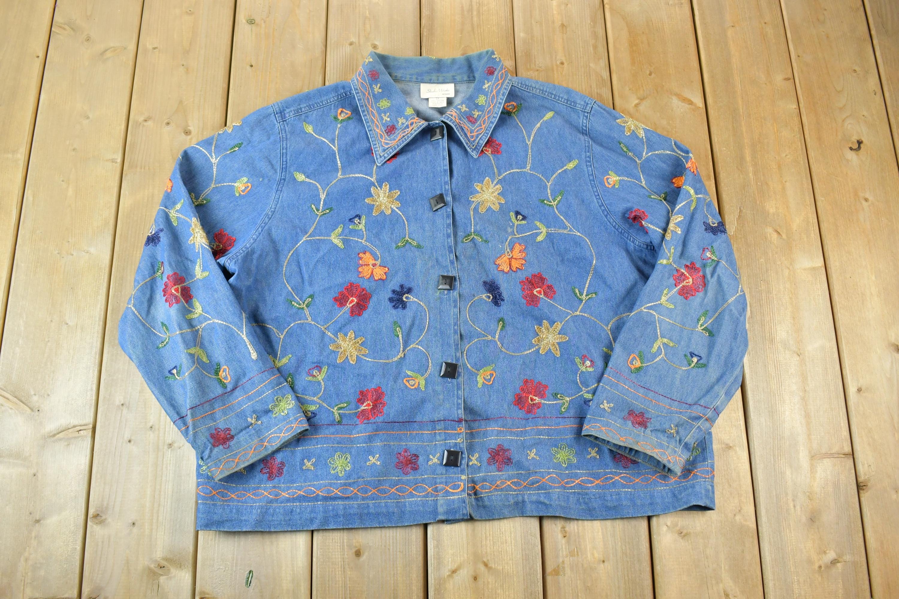 Vintage 1990s Denim Floral Loop Embroidered Button Up Shirt