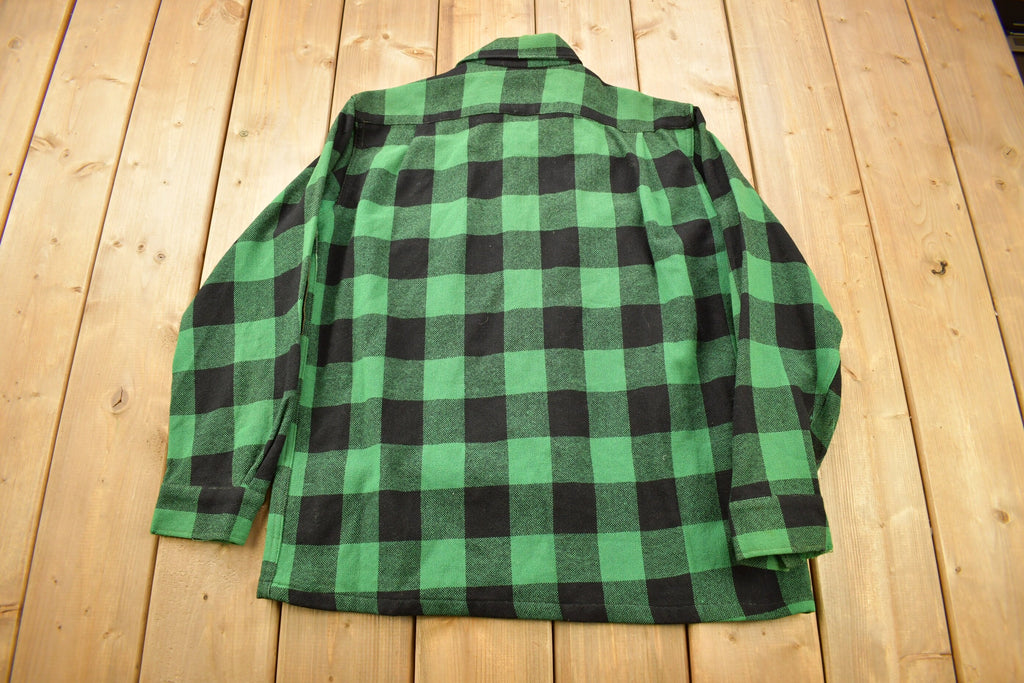 Vintage 1950s Aberdeen Green Buffalo Plaid Wool Button Up Shirt