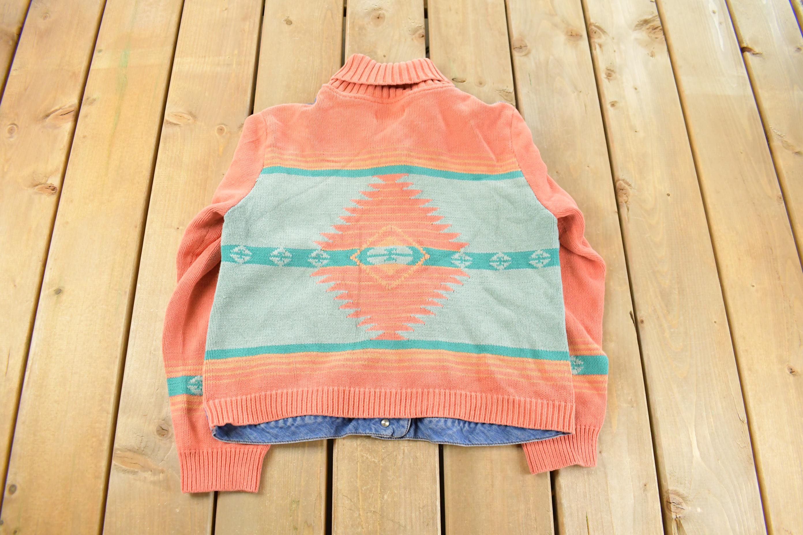 Vintage 1990s Pendleton Denim Knit Aztec Cardigan Sweater Youth L