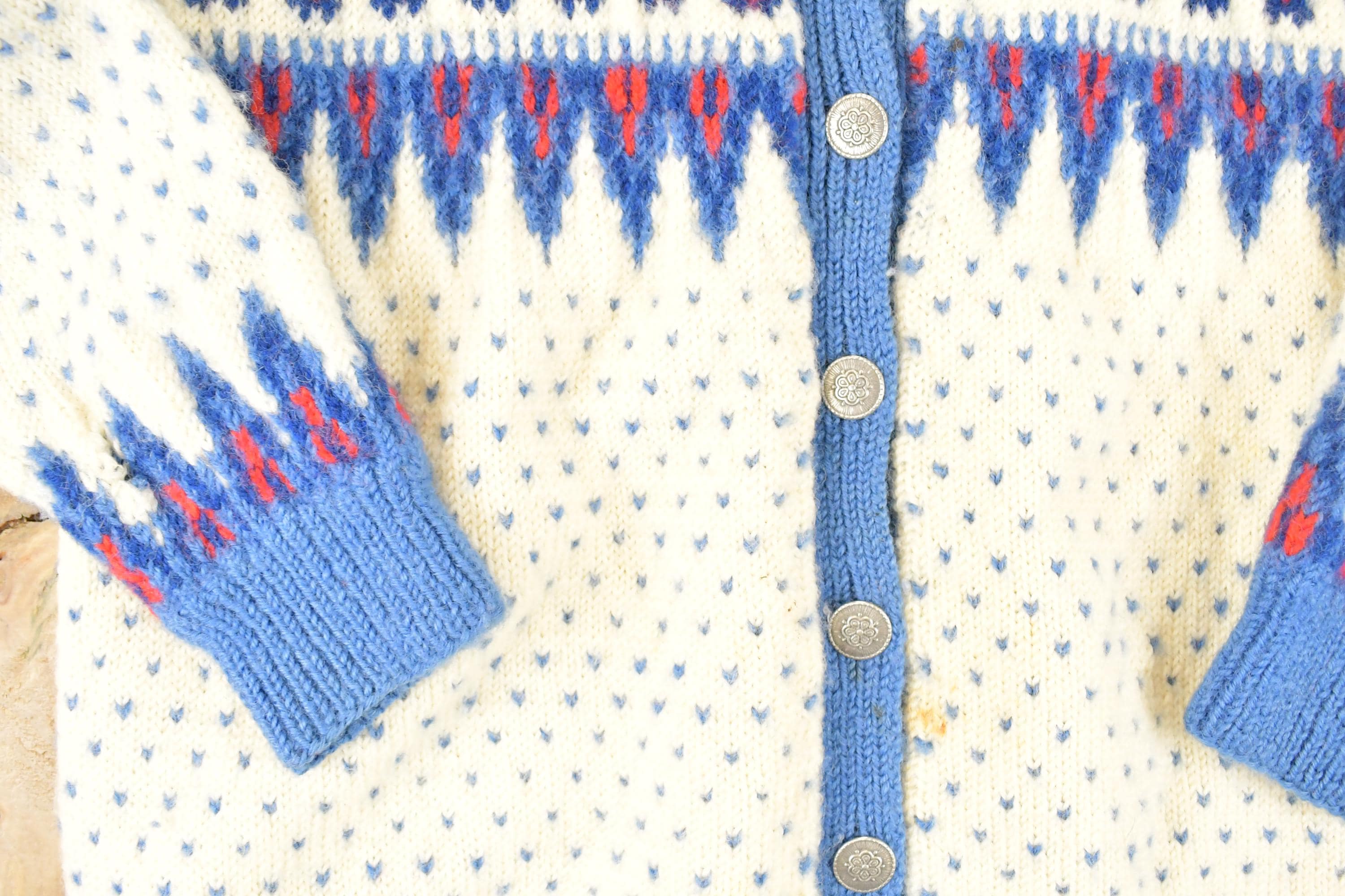 Vintage 1970's Abstract Snowflake Wool Knit Cardigan Sweater Women's S