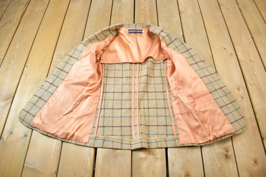 Vintage 1980s Paula Sakes Plaid Wool Silk Lined Blazer