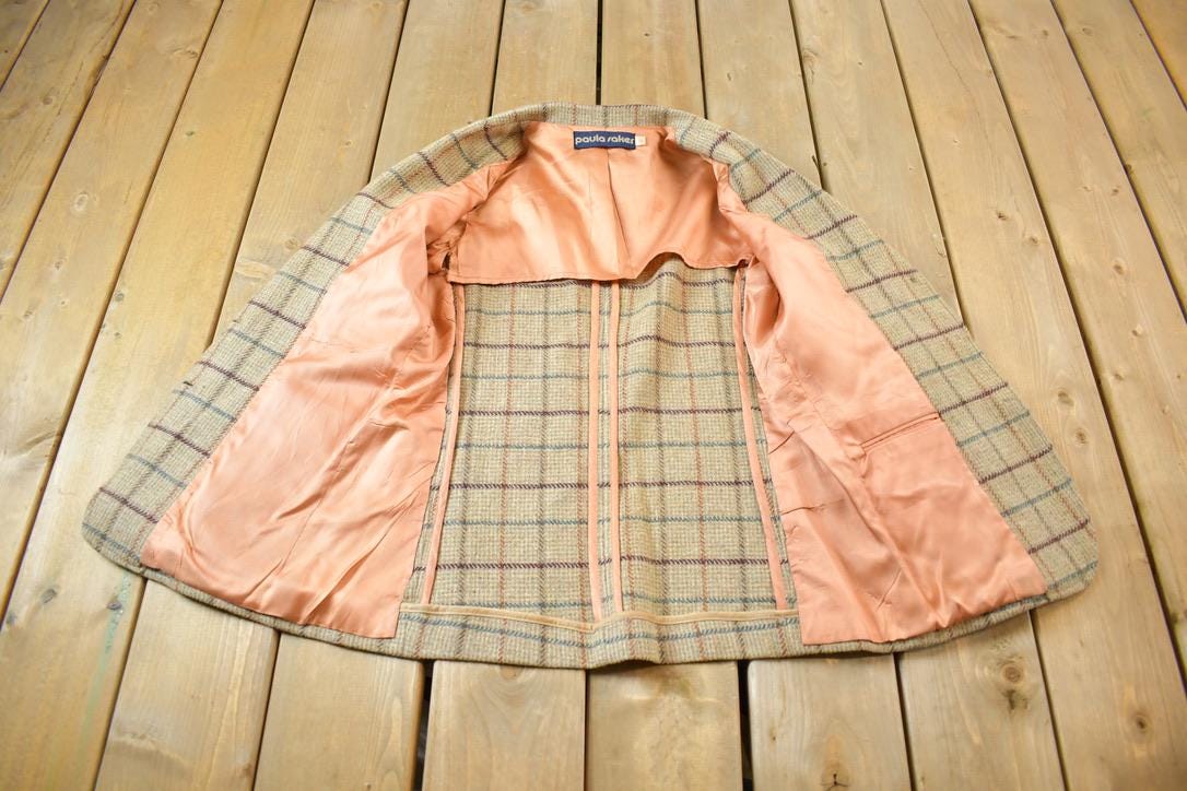 Vintage 1980s Paula Sakes Plaid Wool Silk Lined Blazer