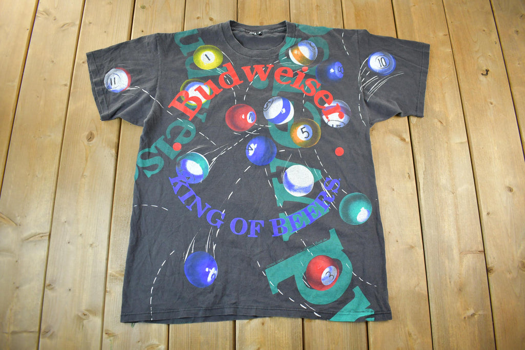 Vintage 1992 Budweiser Billiards Pool All Over Print Graphic T-Shirt Men's Large