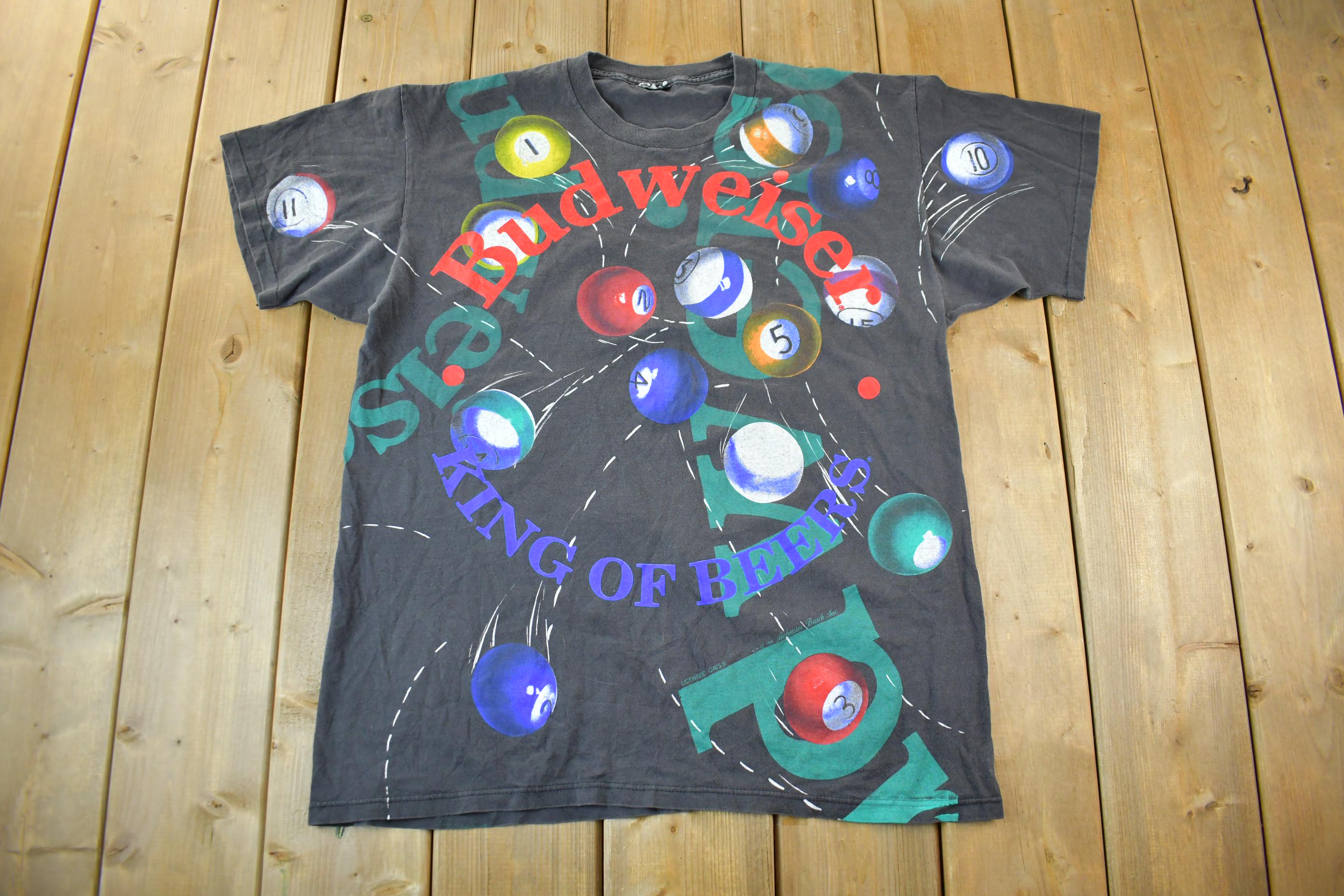Vintage 1992 Budweiser Billiards Pool All Over Print Graphic T-Shirt Men's Large